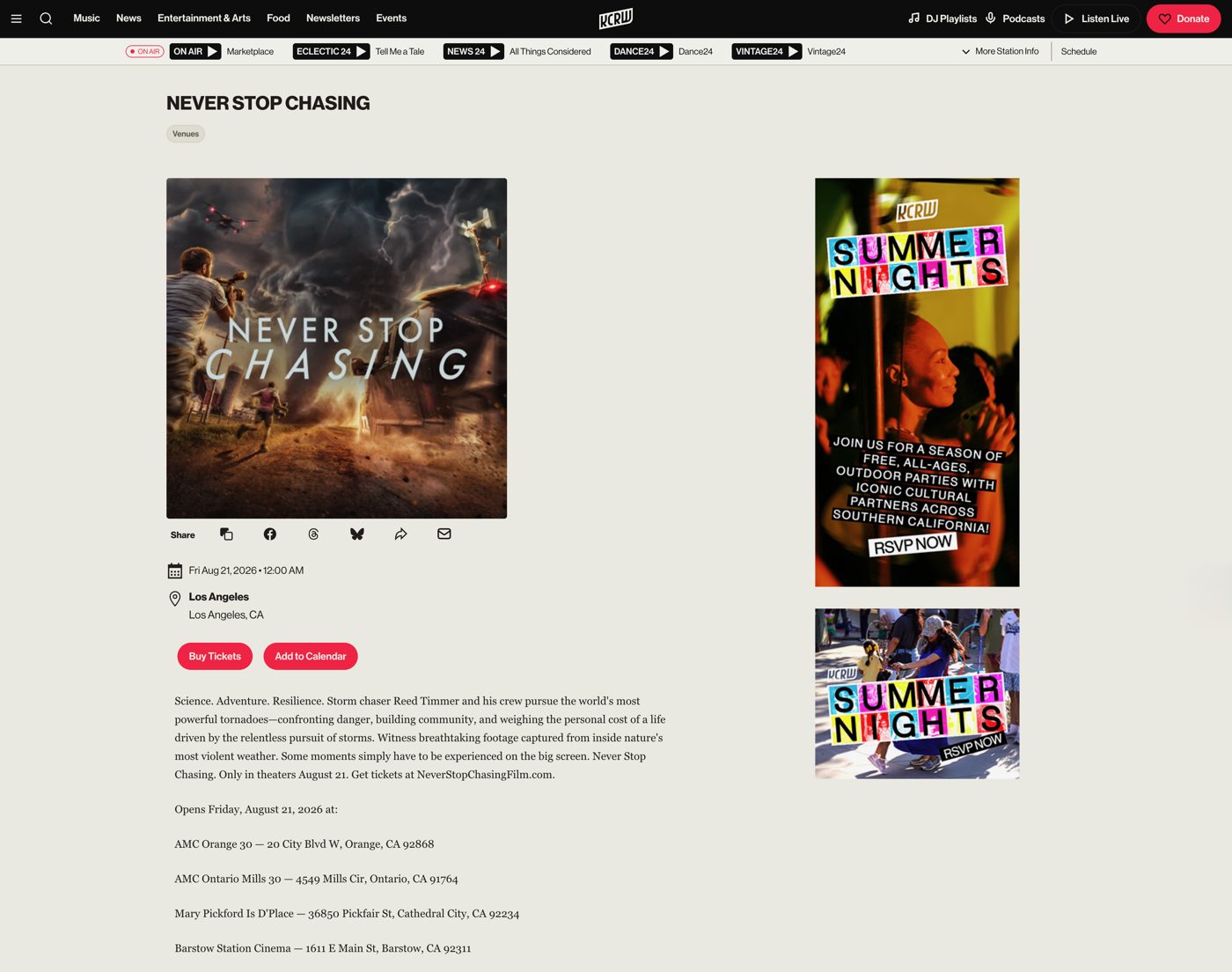 KCRW event listing for Never Stop Chasing